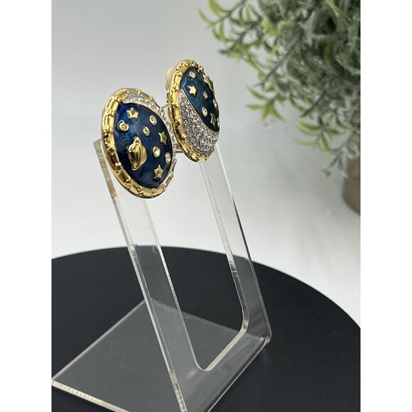 Swarovski Swan Blue Enamel Pave Crystal Star Moon Saturn Brooch & Clip Earrings - Picture 10 of 15